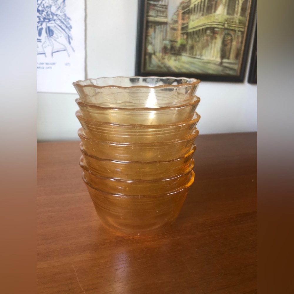 Set of 7 Corning Pyrex Fireside #463 Amber Custard Cups 6 OZ Scallop Edge 175ML